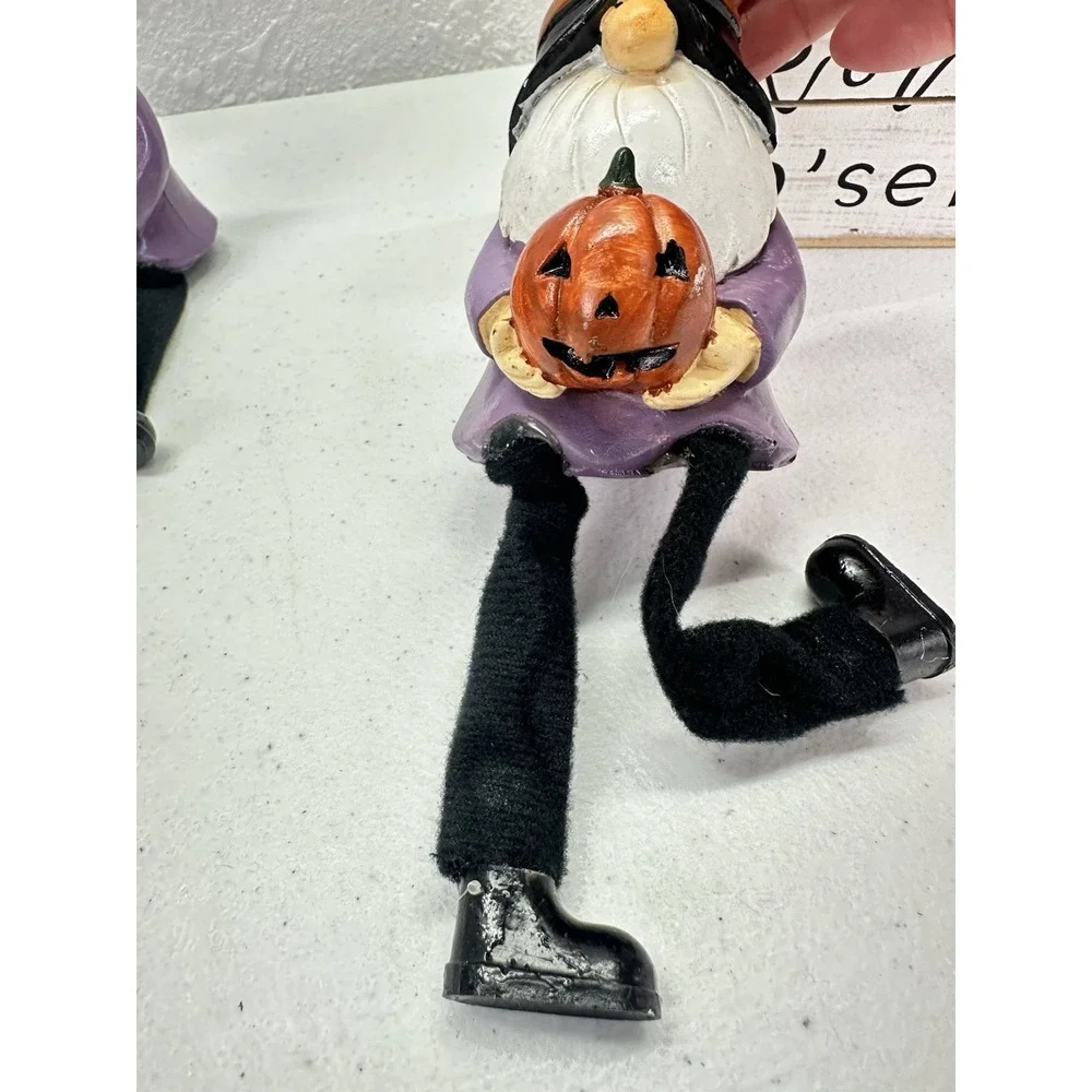 Halloween Gnome Decor Lot 6 Witch Gnomes Dangly Legs Pumpkins Skulls